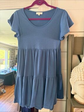 see you monday blue dress See You Monday Blue Short Sleeve Tie Waist Round Neck A Line Midi Dres   Brie